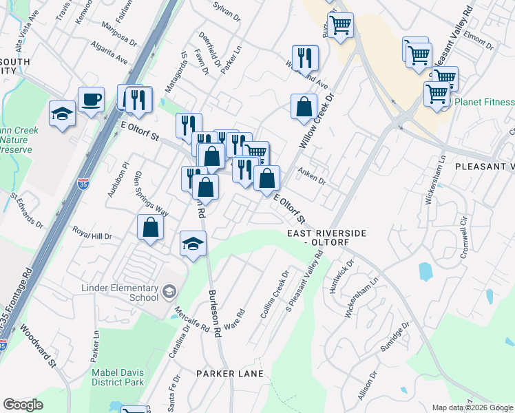 map of restaurants, bars, coffee shops, grocery stores, and more near 2159 East Oltorf Street in Austin