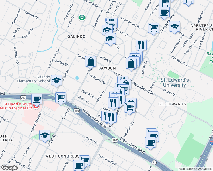 map of restaurants, bars, coffee shops, grocery stores, and more near 304 West Alpine Road in Austin