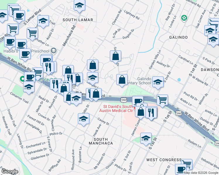 map of restaurants, bars, coffee shops, grocery stores, and more near 4010 Banister Lane in Austin