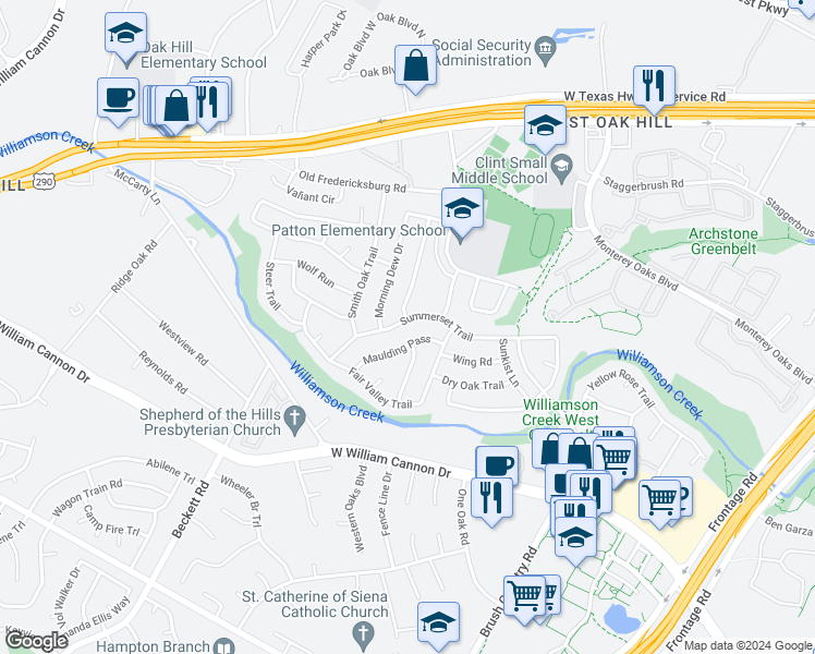 map of restaurants, bars, coffee shops, grocery stores, and more near 6214 Sun Vista Drive in Austin