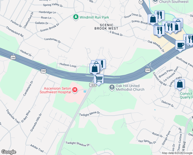 map of restaurants, bars, coffee shops, grocery stores, and more near 7914 1/2 U.S. 290 in Austin