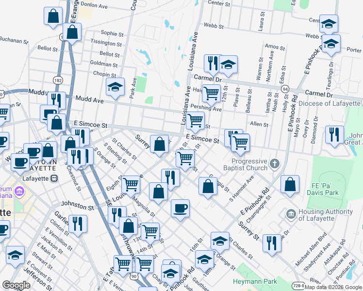 map of restaurants, bars, coffee shops, grocery stores, and more near 1201-1299 10th Street in Lafayette