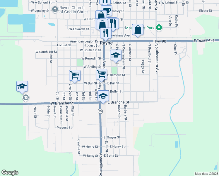 map of restaurants, bars, coffee shops, grocery stores, and more near 706 S Polk St in Rayne