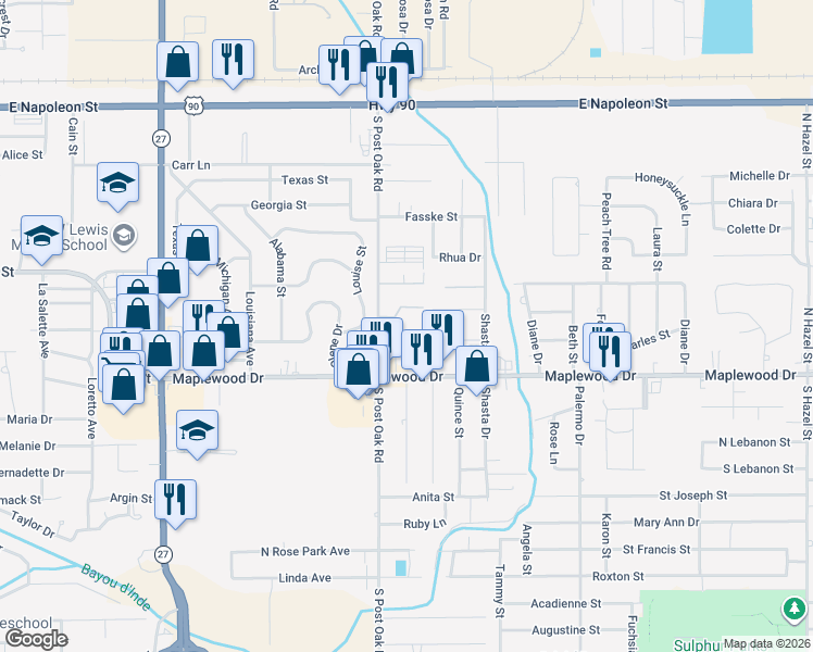 map of restaurants, bars, coffee shops, grocery stores, and more near 598 South Post Oak Road in Sulphur