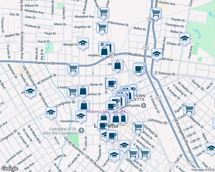 map of restaurants, bars, coffee shops, grocery stores, and more near 430 South Pierce Street in Lafayette