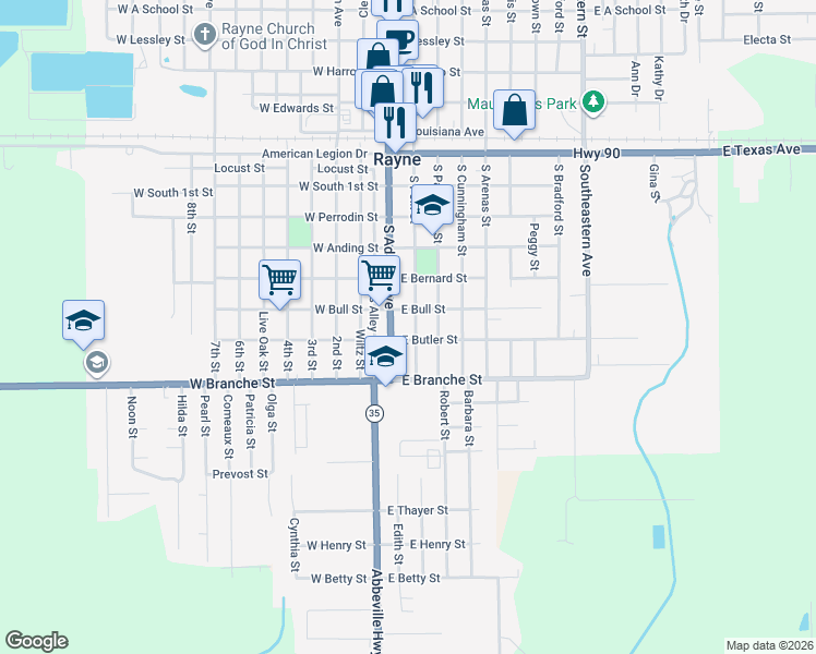 map of restaurants, bars, coffee shops, grocery stores, and more near 706 S Polk St in Rayne