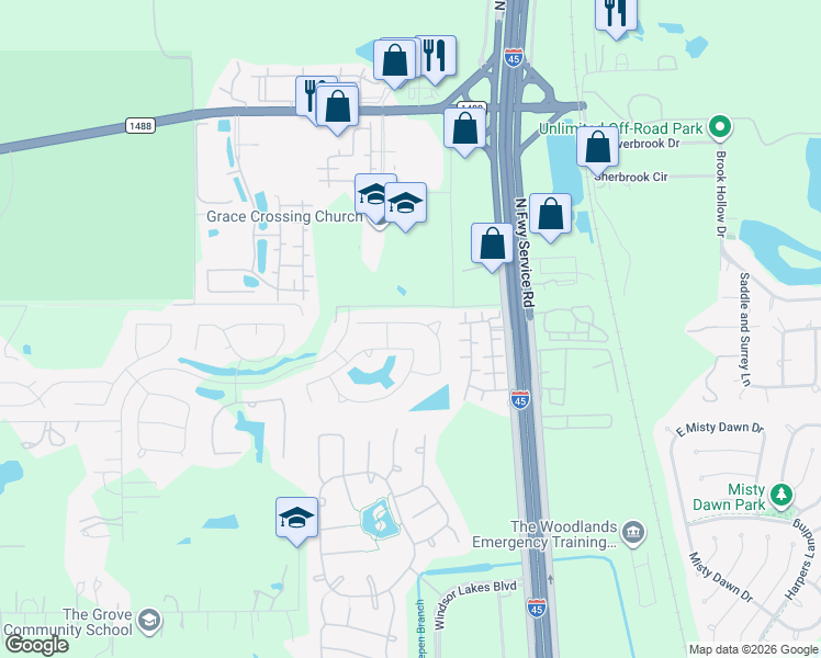 map of restaurants, bars, coffee shops, grocery stores, and more near 2391 Hagerman Road in Conroe