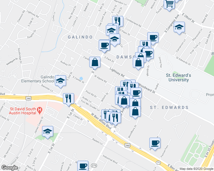 map of restaurants, bars, coffee shops, grocery stores, and more near 3603 Tallison Terrace in Austin