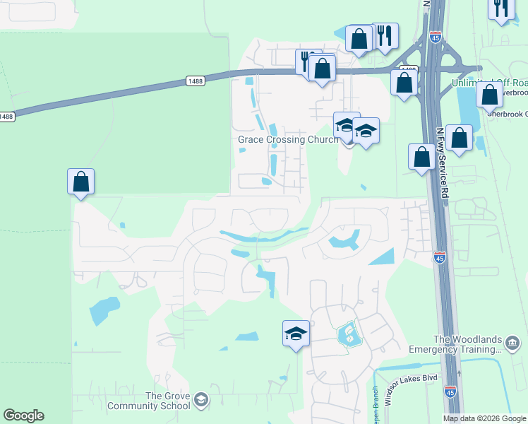 map of restaurants, bars, coffee shops, grocery stores, and more near 2043 Bluestem Drive in Conroe
