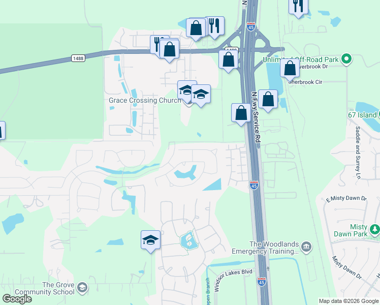map of restaurants, bars, coffee shops, grocery stores, and more near 2391 Hagerman Road in Conroe