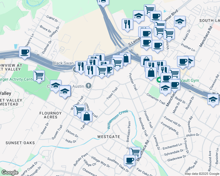 map of restaurants, bars, coffee shops, grocery stores, and more near 2559 Western Trails Boulevard in Austin