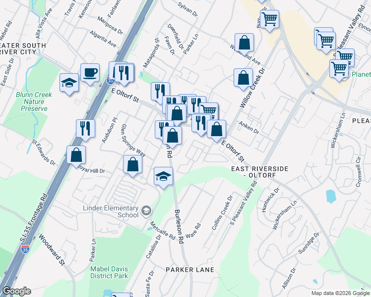 map of restaurants, bars, coffee shops, grocery stores, and more near 2409 Burleson Court in Austin