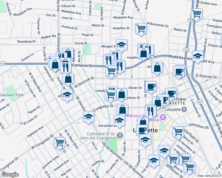 map of restaurants, bars, coffee shops, grocery stores, and more near 603 South Street Antoine Street in Lafayette