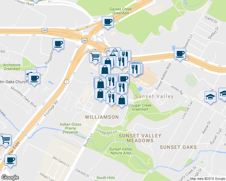 map of restaurants, bars, coffee shops, grocery stores, and more near 5498 Brodie Lane in Austin