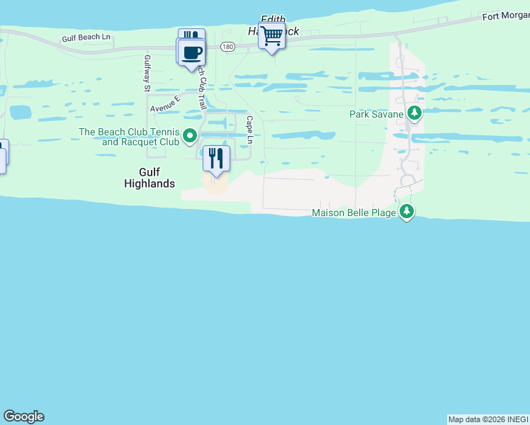 map of restaurants, bars, coffee shops, grocery stores, and more near 8780 Pompano Way in Gulf Shores