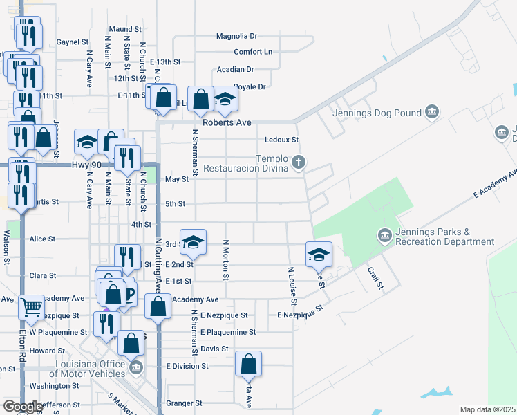 map of restaurants, bars, coffee shops, grocery stores, and more near 627 5th Street in Jennings