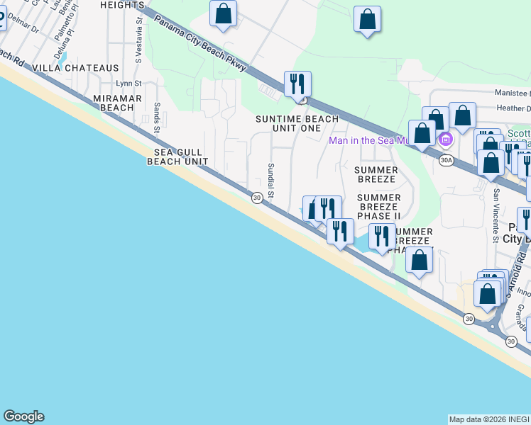 map of restaurants, bars, coffee shops, grocery stores, and more near 17551 Front Beach Road in Panama City Beach