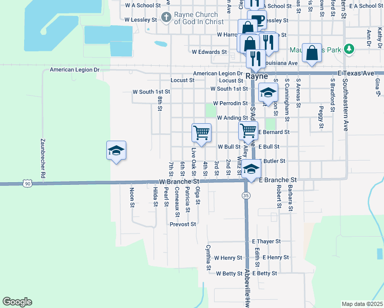 map of restaurants, bars, coffee shops, grocery stores, and more near 706 Live Oak St in Rayne