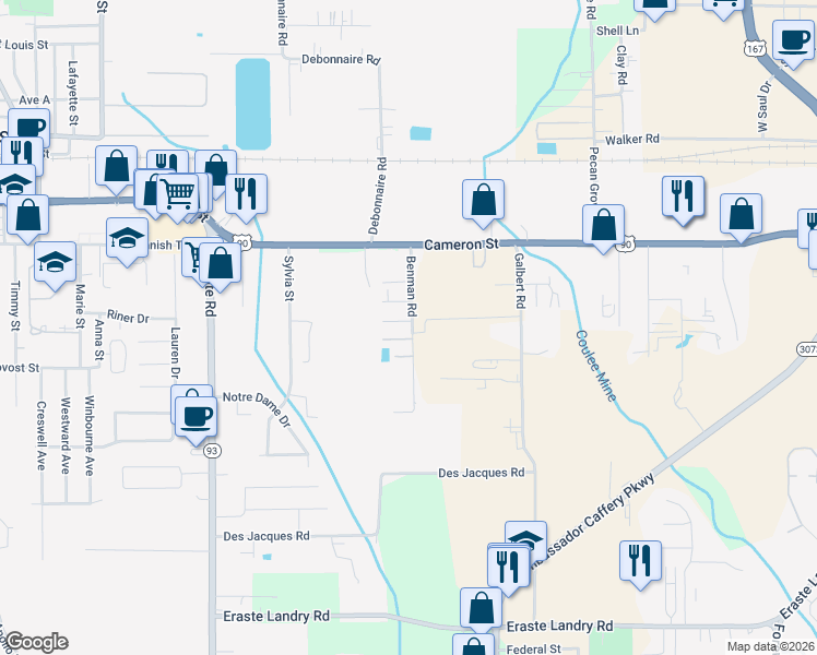 map of restaurants, bars, coffee shops, grocery stores, and more near 111 Raffet Street in Lafayette