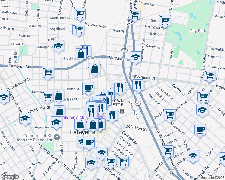map of restaurants, bars, coffee shops, grocery stores, and more near 100 West Second Street in Lafayette