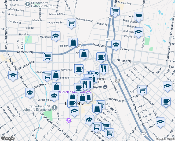 map of restaurants, bars, coffee shops, grocery stores, and more near 335 Monroe Street in Lafayette