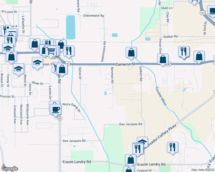 map of restaurants, bars, coffee shops, grocery stores, and more near 111 Raffet Street in Lafayette
