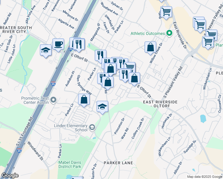 map of restaurants, bars, coffee shops, grocery stores, and more near 2407A Burleson Road in Austin