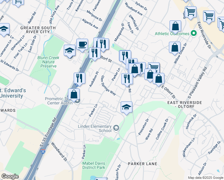 map of restaurants, bars, coffee shops, grocery stores, and more near 2505 Parker Lane in Austin