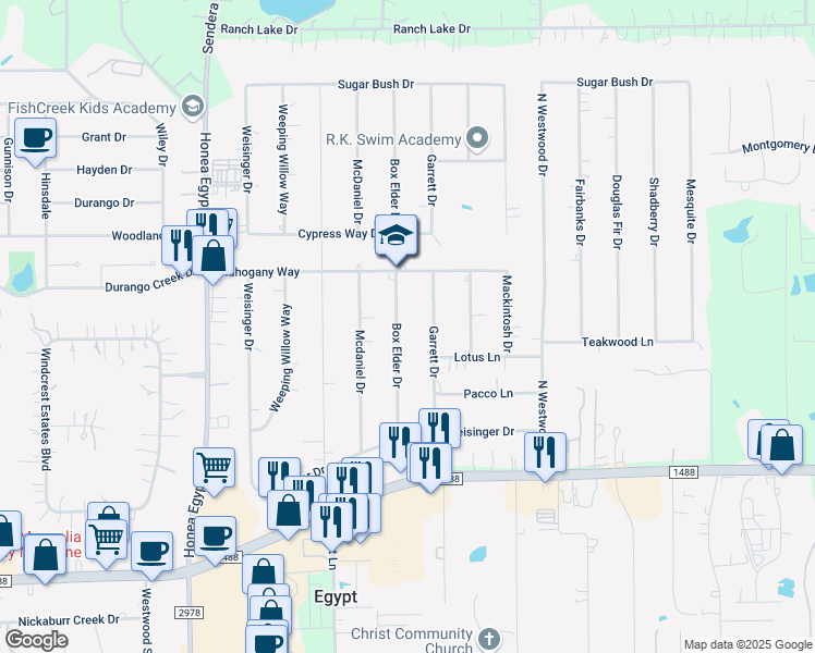 map of restaurants, bars, coffee shops, grocery stores, and more near 419 Garrett Drive in Magnolia