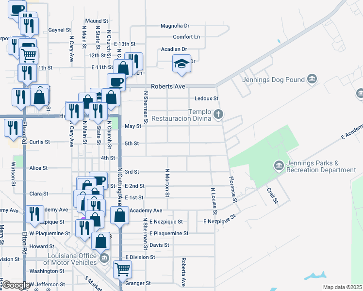 map of restaurants, bars, coffee shops, grocery stores, and more near 627 5th Street in Jennings