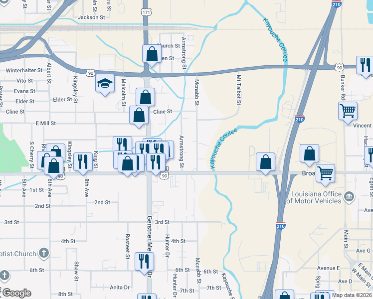 map of restaurants, bars, coffee shops, grocery stores, and more near 701 Armstrong St in Lake Charles