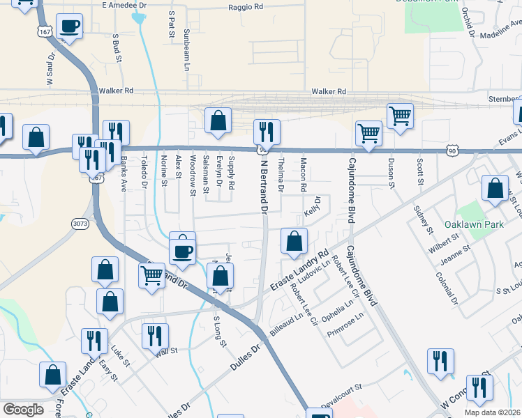 map of restaurants, bars, coffee shops, grocery stores, and more near 1501 North Bertrand Drive in Lafayette