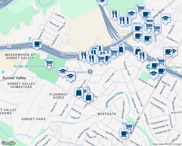 map of restaurants, bars, coffee shops, grocery stores, and more near 4638 West Gate Boulevard in Austin