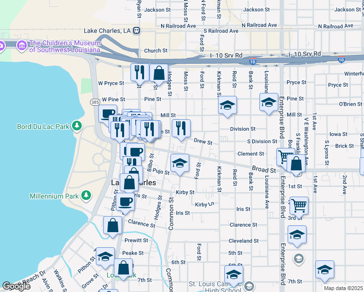 map of restaurants, bars, coffee shops, grocery stores, and more near in Lake Charles