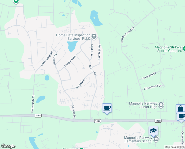 map of restaurants, bars, coffee shops, grocery stores, and more near 40415 Manor in Magnolia