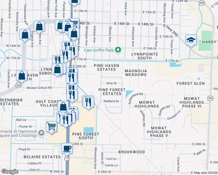 map of restaurants, bars, coffee shops, grocery stores, and more near 602 Tammy Street in Lynn Haven