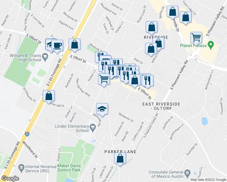 map of restaurants, bars, coffee shops, grocery stores, and more near Burleson Court in Austin