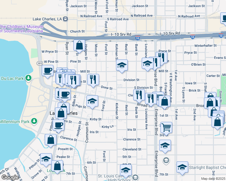 map of restaurants, bars, coffee shops, grocery stores, and more near 718 Drew Street in Lake Charles