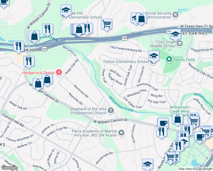 map of restaurants, bars, coffee shops, grocery stores, and more near 6416 Steer Trail in Austin