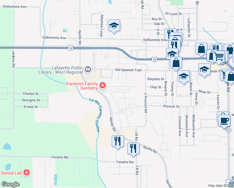 map of restaurants, bars, coffee shops, grocery stores, and more near 245 L Provost Road in Scott