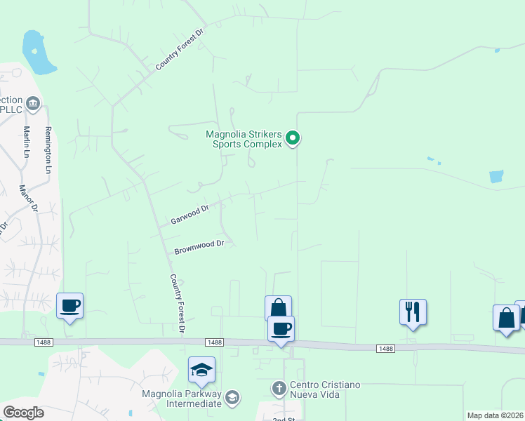 map of restaurants, bars, coffee shops, grocery stores, and more near 40210 Garwood Court in Magnolia