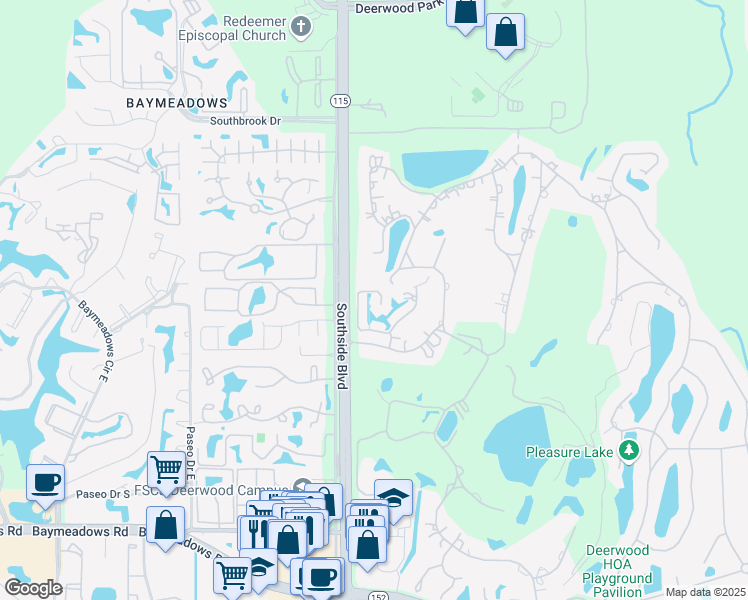 map of restaurants, bars, coffee shops, grocery stores, and more near 7723 Deerwood Point Court in Jacksonville