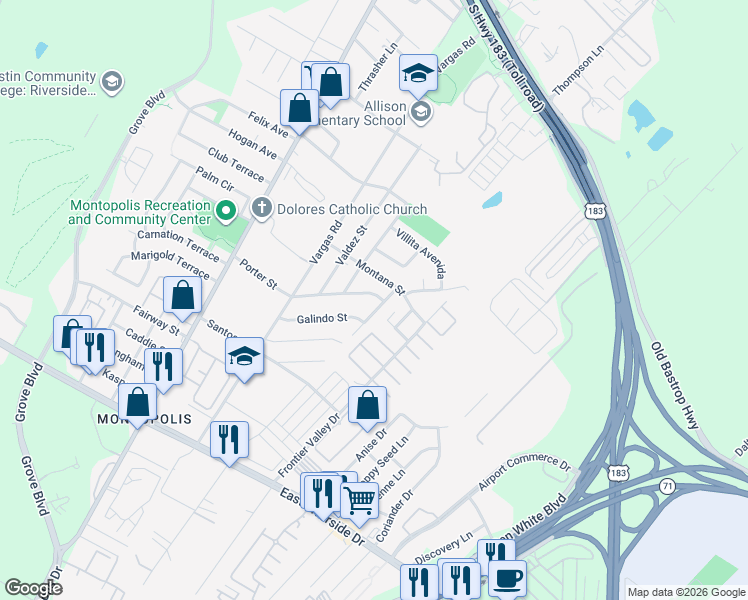 map of restaurants, bars, coffee shops, grocery stores, and more near 6815 Porter Street in Austin