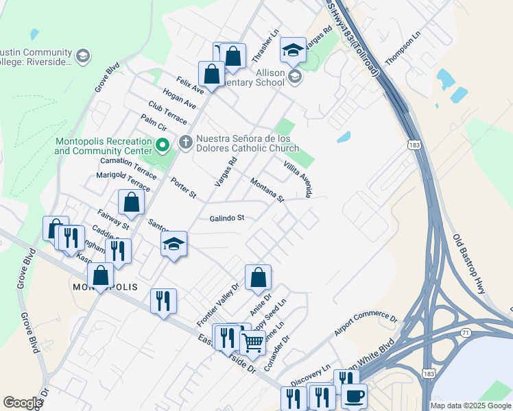 map of restaurants, bars, coffee shops, grocery stores, and more near 6815 Porter Street in Austin