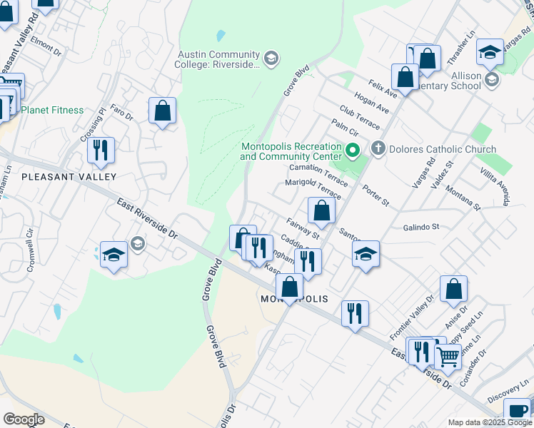 map of restaurants, bars, coffee shops, grocery stores, and more near 6001 Fairway Street in Austin