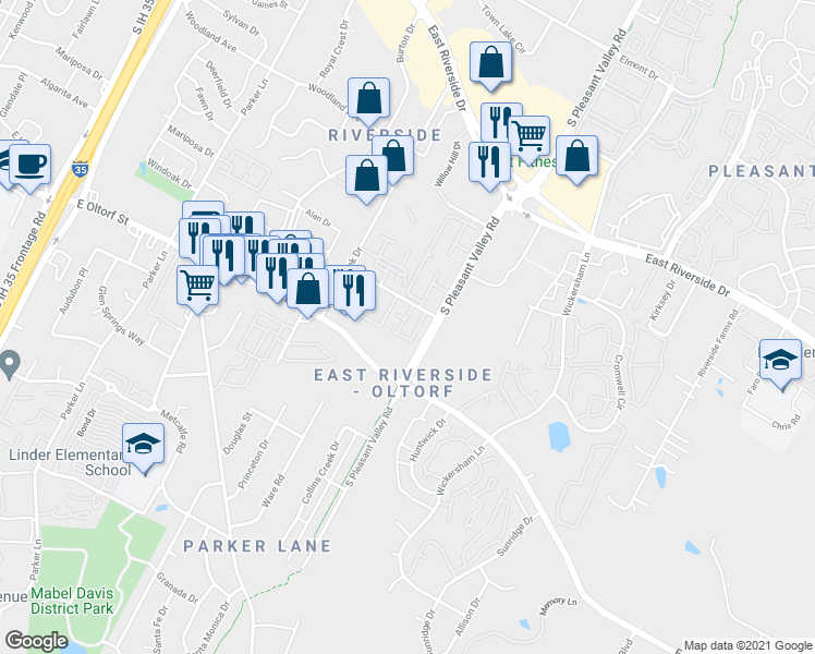 map of restaurants, bars, coffee shops, grocery stores, and more near 2501 Anken Drive in Austin