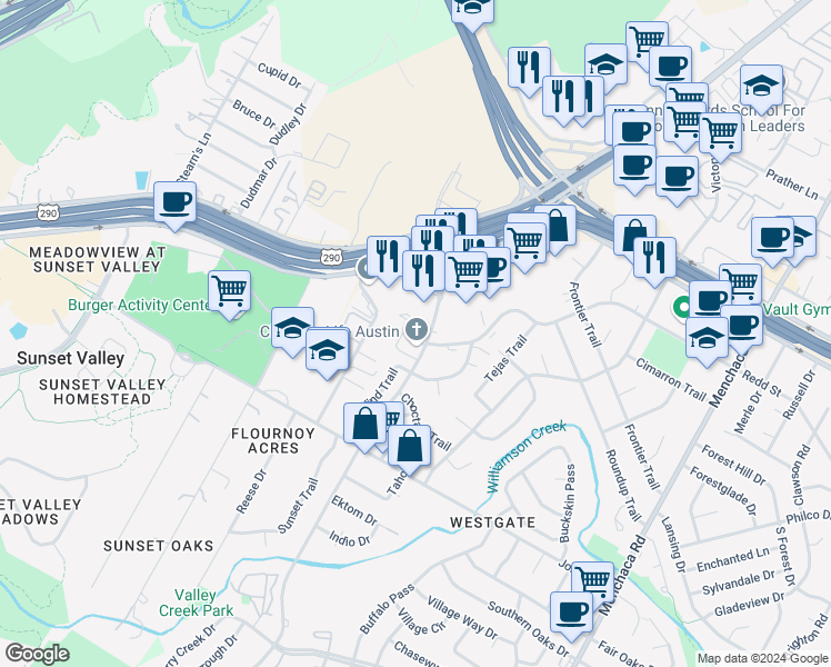 map of restaurants, bars, coffee shops, grocery stores, and more near 4638 West Gate Boulevard in Austin