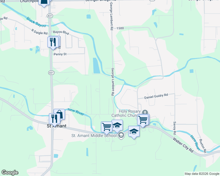 map of restaurants, bars, coffee shops, grocery stores, and more near 11111 George Lambert Road in Saint Amant