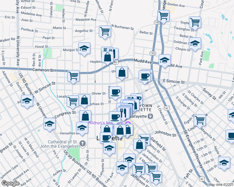 map of restaurants, bars, coffee shops, grocery stores, and more near 500 South Pierce Street in Lafayette