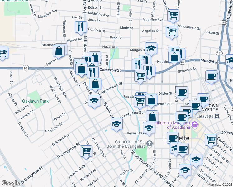 map of restaurants, bars, coffee shops, grocery stores, and more near 506 Cedar Crest Court in Lafayette